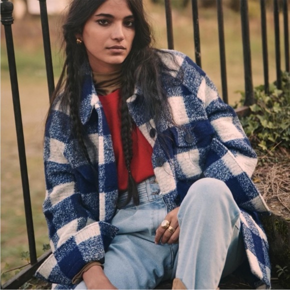 Sezane Wool Manteau Joe Jacket Coat in White and Blue check Size 6/36 - Picture 4 of 9